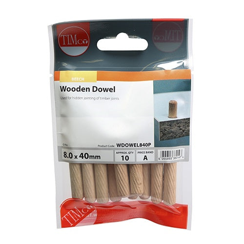 Timco 8.0 X 40mm Wooden Dowels 40mm Pack of 10 WDOWEL840P