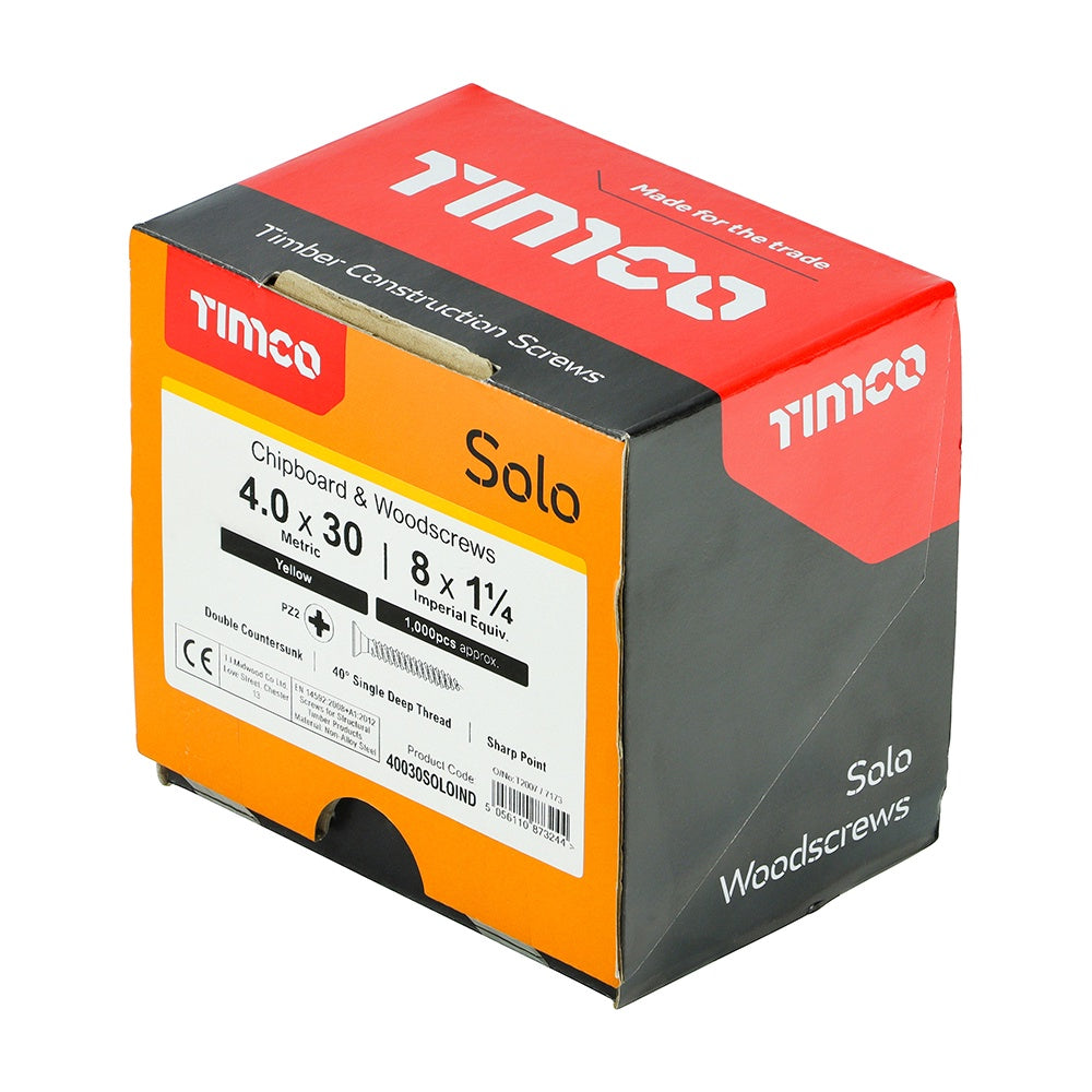 Timco 4.0 x 30mm Solo Chipboard & Woodscrews Industry Pack PZ Double Countersunk Yellow  40030SOLOIND