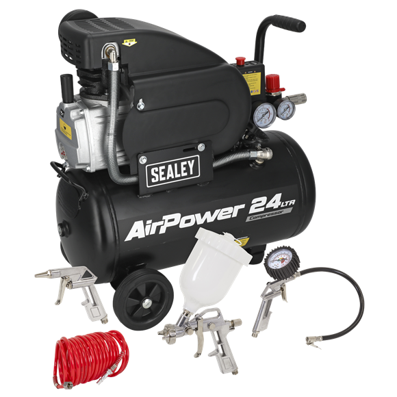 Sealey 24L Direct Drive Air Compressor 2hp with 4pc Air Accessory Kit SAC2420APK
