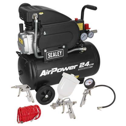 Sealey 24L Direct Drive Air Compressor 2hp with 4pc Air Accessory Kit SAC2420APK