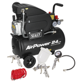 Sealey 24L Direct Drive Air Compressor 2hp with 4pc Air Accessory Kit SAC2420APK