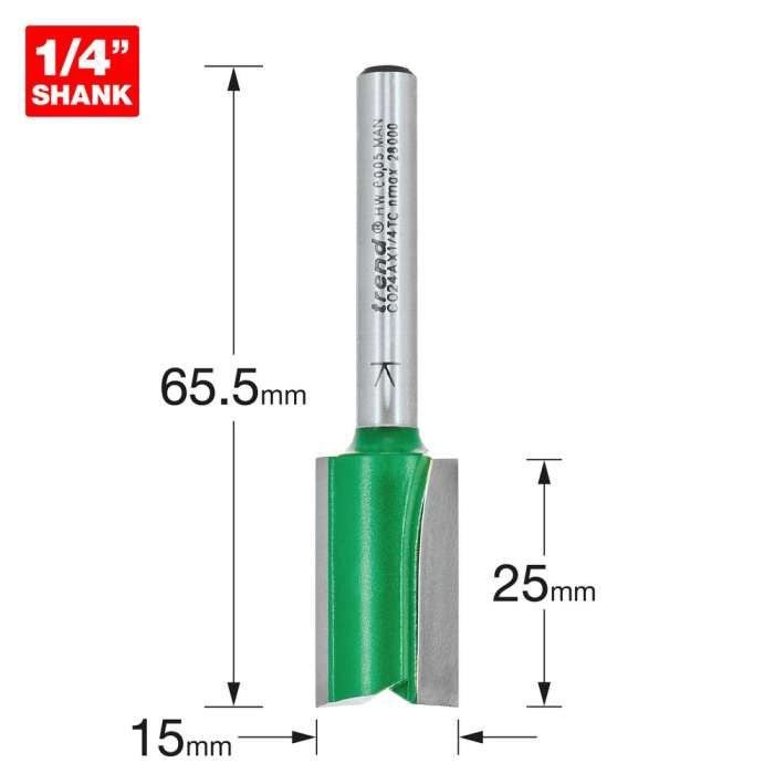 Trend 1/4" Two Flute Straight Cutter 15.0mm Dia. x 25mm Cut C024AX1/4TC