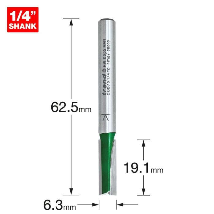 Trend 1/4" Two Flute Straight Cutter 6.3mm Dia. x 19.1mm Cut C007X1/4TC