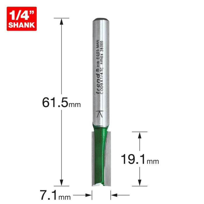 Trend 1/4" Two Flute Straight Cutter 7.1mm Dia. x 19.1mm Cut C009X1/4TC
