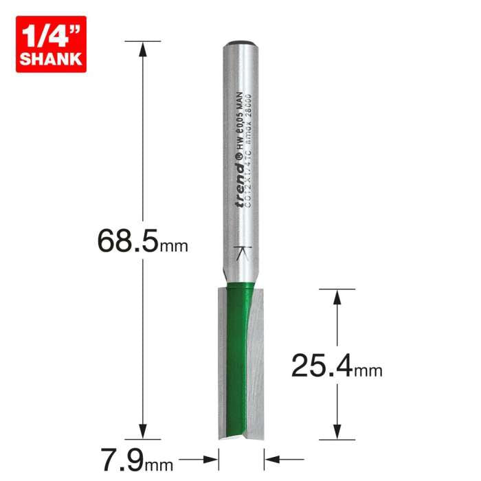 Trend 1/4" Two Flute Straight Cutter 7.9mm Dia. x 25.4mm Cut C012X1/4TC