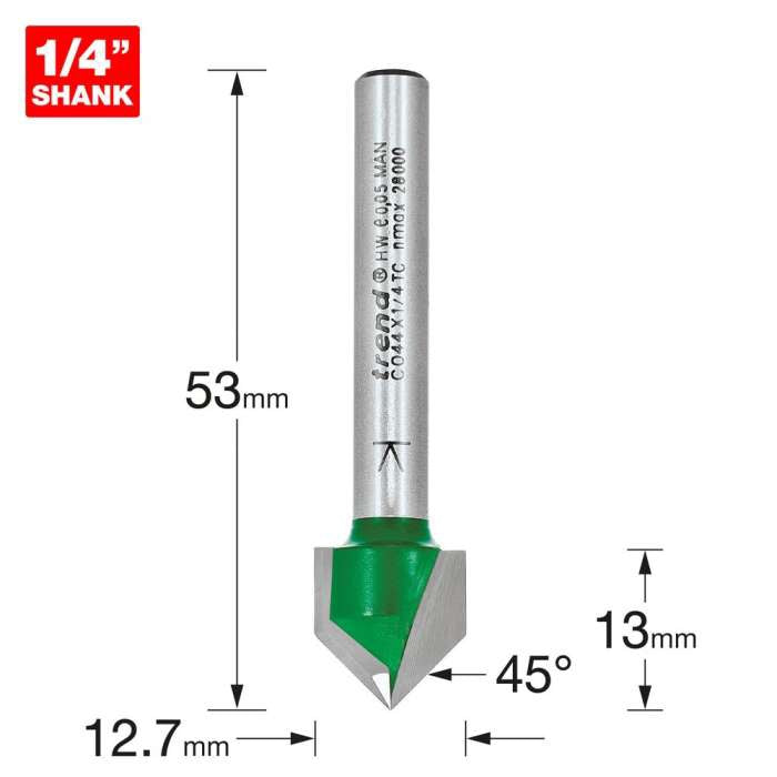 Trend 45 Degrees, 12.7mm Dia. Chamfer V Groove Cutter C044X1/4TC