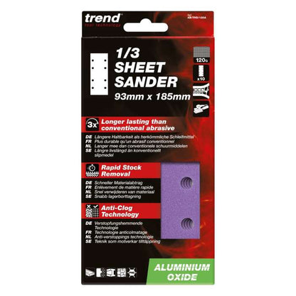 Trend Aluminium Oxide 1/3 Sheet Sanding Sheet 10pc 93mm x 185mm 120 grit AB/THD/120A