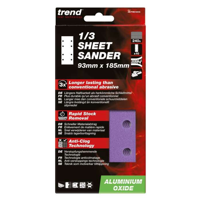 Trend Aluminium Oxide 1/3 Sheet Sanding Sheet 10pc 93mm x 185mm 240 grit AB/THD/240A