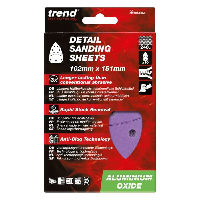 Trend Aluminium Oxide Detail Sanding Sheet 240 Grit 102mm x 151mm 10pc AB/DET/240A