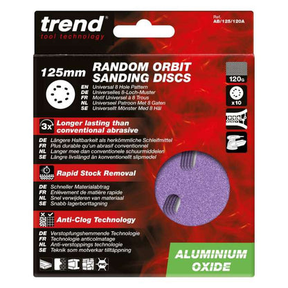 Trend Aluminium Oxide Random Orbital 8-Hole Sanding Disc 10pc 125mm 120 grit AB/125/120A