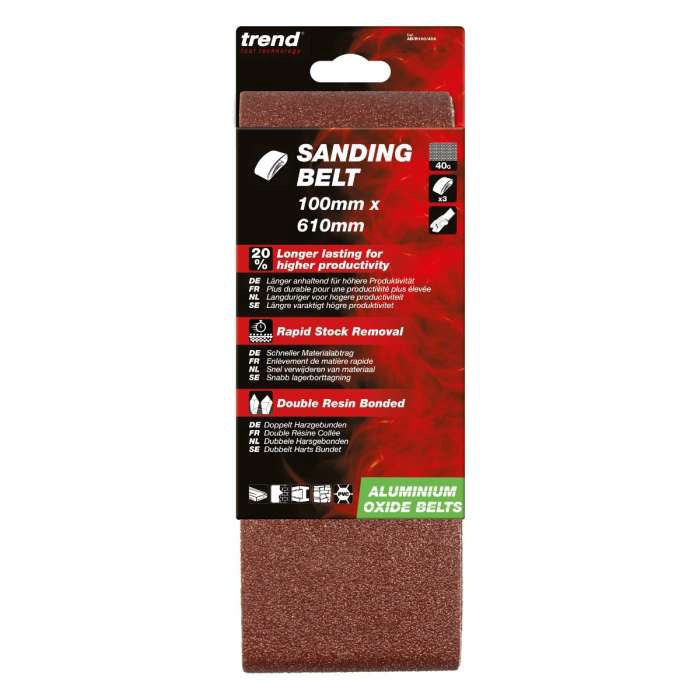 Trend Aluminium Oxide Sanding Belt 40 Grit 100mm x 610mm 3pc AB/B100/40A