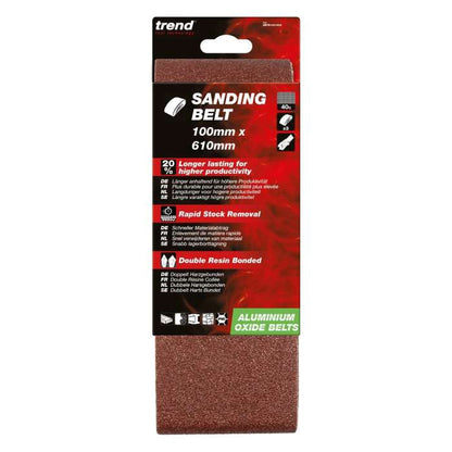 Trend Aluminium Oxide Sanding Belt 40 Grit 100mm x 610mm 3pc AB/B100/40A