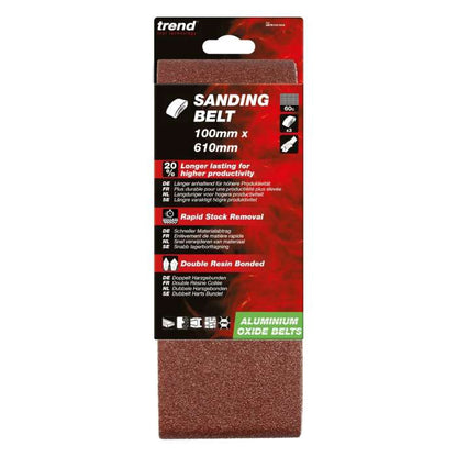 Trend Aluminium Oxide Sanding Belt 60 Grit 100mm x 610mm 3pc AB/B100/60A