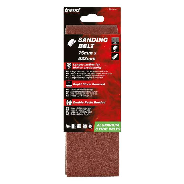 Trend Aluminium Oxide Sanding Belt 40 Grit 75mm x 457mm 3pc AB/B75/40A