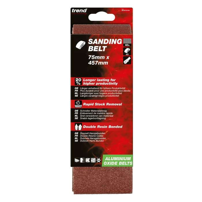 Trend Aluminium Oxide Sanding Belt 40 Grit 75mm x 533mm 3pc AB/B75A/40A