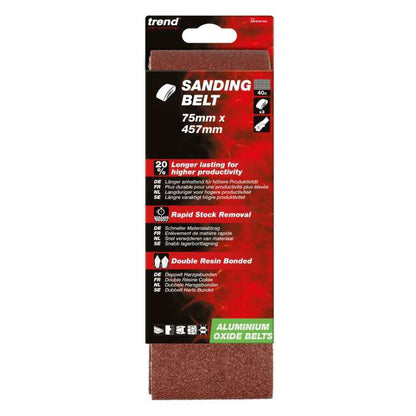 Trend Aluminium Oxide Sanding Belt 40 Grit 75mm x 533mm 3pc AB/B75A/40A