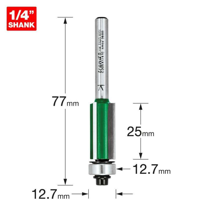 Trend 12.7mm Dia. x 25mm Cut Bearing Guided Three Flute Trimmer C205X1/4TC