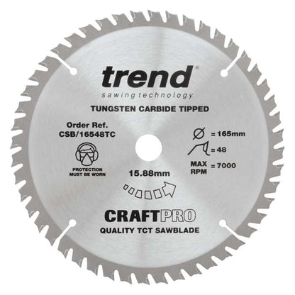 Trend Craft Thin Kerf Saw Blade 165mm Dia. X 48 Teeth X 15.88mm Bore X 1.6mm Kerf CSB/16548TC