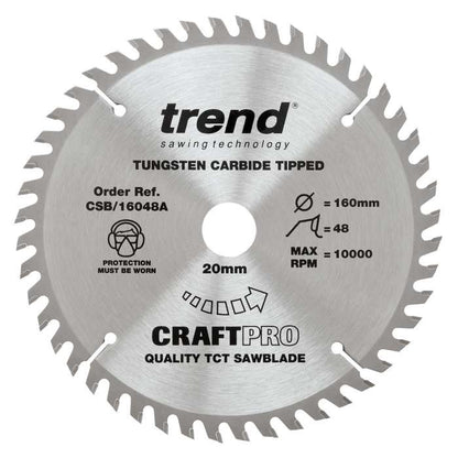 Trend Craft Trimming Crosscut Saw Blade 160mm Dia. X 48 Teeth X 20mm Bore X 2.2mm Kerf CSB/16048A