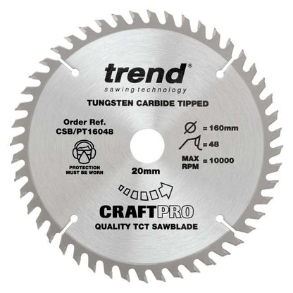 Trend Craft Super Fine Finish Plunge Saw Blade 160mm Dia. X 48 Teeth X 20mm Bore X 2.2mm Kerf CSB/PT16048