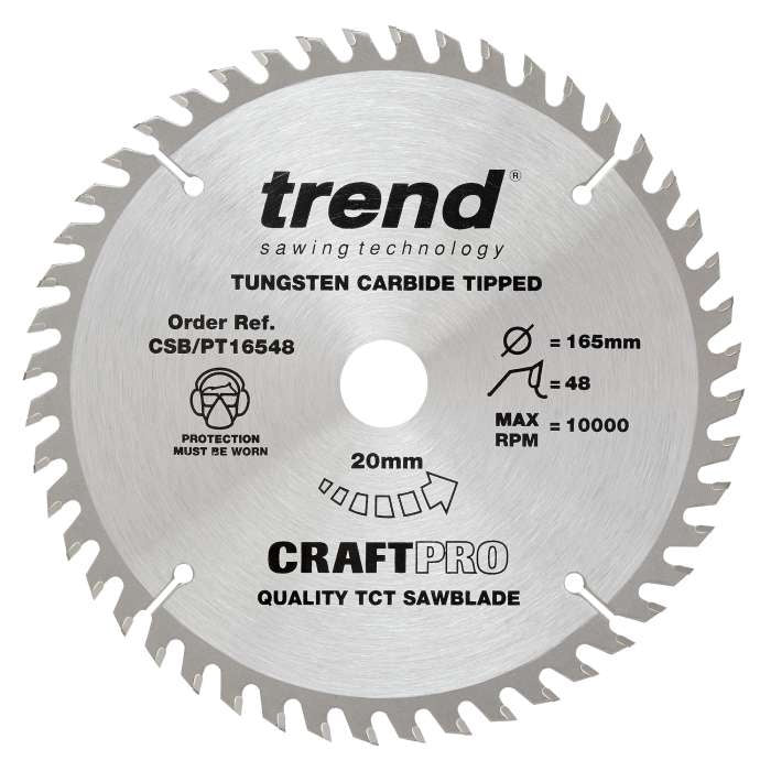 Trend Craft Super Fine Finish Plunge Saw Blade 165mm Dia. X 48 Teeth X 20mm Bore X 2.2mm Kerf CSB/PT16548
