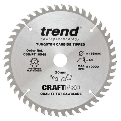 Trend Craft Super Fine Finish Plunge Saw Blade 165mm Dia. X 48 Teeth X 20mm Bore X 2.2mm Kerf CSB/PT16548