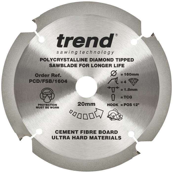 Trend PCD Cement Fibre Board Saw Blade 160mm Dia. X 4 Teeth X 20mm Bore X 1.8mm Kerf PCD/FSB/1604