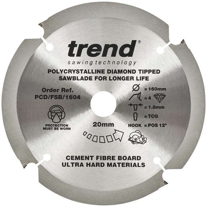 Trend PCD Cement Fibre Board Saw Blade 160mm Dia. X 4 Teeth X 20mm Bore X 1.8mm Kerf PCD/FSB/1604