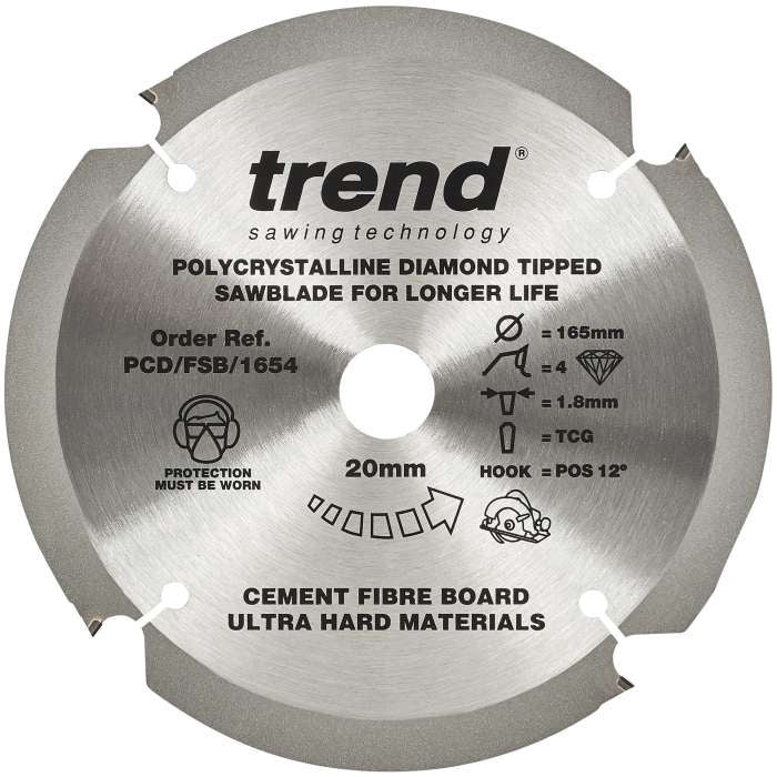 Trend PCD Cement Fibre Board Saw Blade 165mm Dia. X 4 Teeth X 20mm Bore X 1.8mm Kerf PCD/FSB/1654