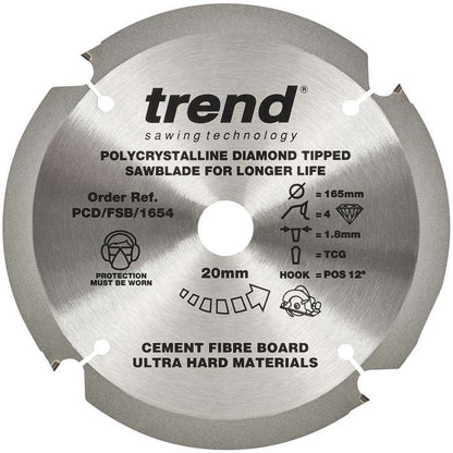 Trend PCD Cement Fibre Board Saw Blade 165mm Dia. X 4 Teeth X 20mm Bore X 1.8mm Kerf PCD/FSB/1654