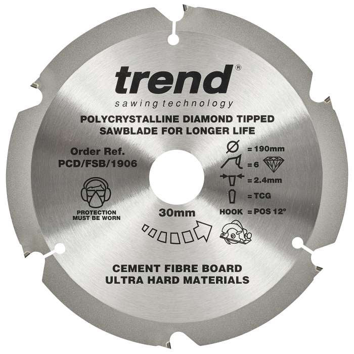 Trend PCD Cement Fibre Board Saw Blade 190mm Dia. X 6 Teeth X 30mm Bore X 2.4mm Kerf PCD/FSB/1906