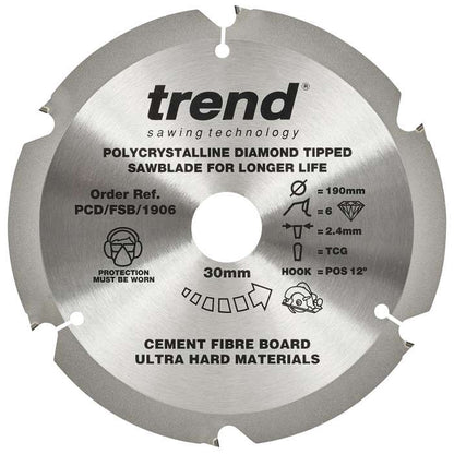 Trend PCD Cement Fibre Board Saw Blade 190mm Dia. X 6 Teeth X 30mm Bore X 2.4mm Kerf PCD/FSB/1906