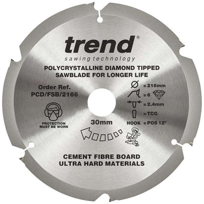 Trend PCD Fibre Cement Circular Saw Blade 216mm x 30mm x 6T PCD/FSB/2166