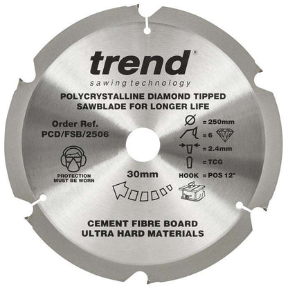 Trend PCD Fibre Cement Circular Saw Blade 250mm x 30mm x 6T PCD/FSB/2506