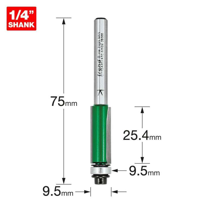 Trend 9.5mm Dia. x 25.4mm Cut Self Guided Trimmer C115AX1/4TC