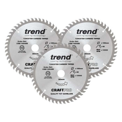 Trend Wood Circular Saw Blade 165mm x 20mm x 48T, 3 Pack CSB/165/3PK/A