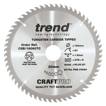 Trend Wood Cordless ATBR Circular Craft Thin Kerf Saw Blade 190mm x 30mm x 60T CSB/19060TC