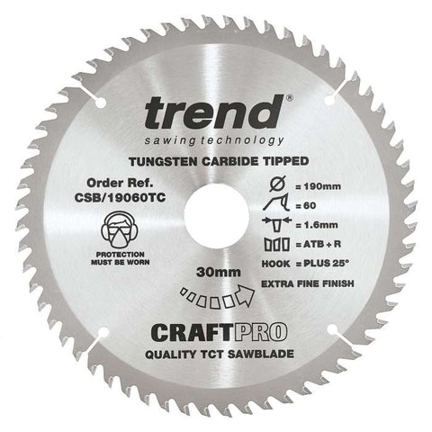Trend Wood Cordless ATBR Circular Craft Thin Kerf Saw Blade 190mm x 30mm x 60T CSB/19060TC