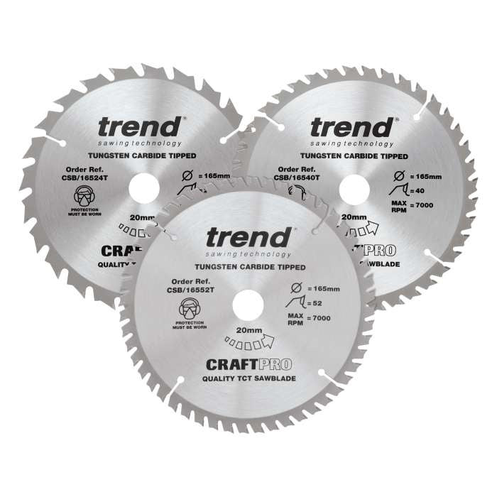Trend Wood Cordless Circular Saw Blade 165mm x 20mm x 24/40/52T, 3 Pack CSB/165/3PK/B