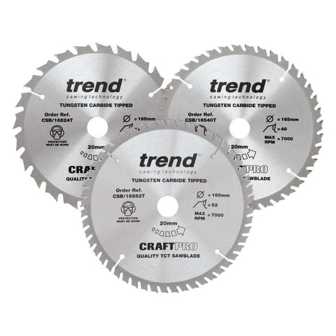 Trend Wood Cordless Circular Saw Blade 165mm x 20mm x 24/40/52T, 3 Pack CSB/165/3PK/B