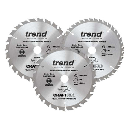 Trend Wood Cordless Circular Saw Blade 165mm x 20mm x 24/40T, 3 Pack CSB/165/3PK/C