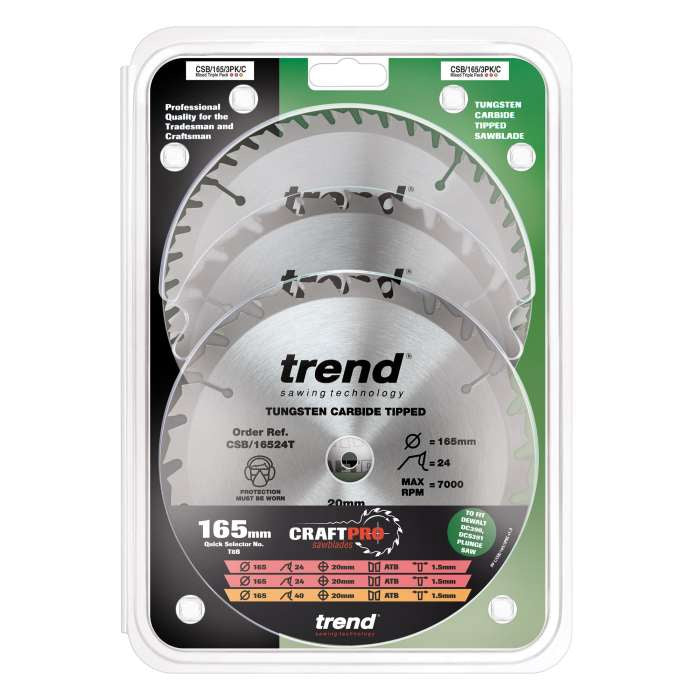 Trend Wood Cordless Circular Saw Blade 165mm x 20mm x 24/40T, 3 Pack CSB/165/3PK/C