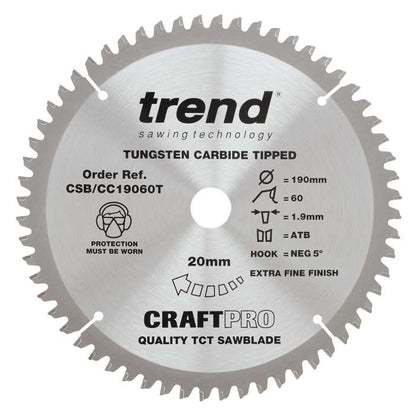 Trend Wood Cordless Mitre Craft Crosscut Saw Blade 190mm x 20mm x 60T CSB/CC19060T