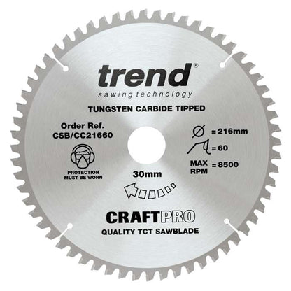Trend Wood Mitre Craft Crosscut Saw Blade 216mm x 30mm x 60T CSB/CC21660