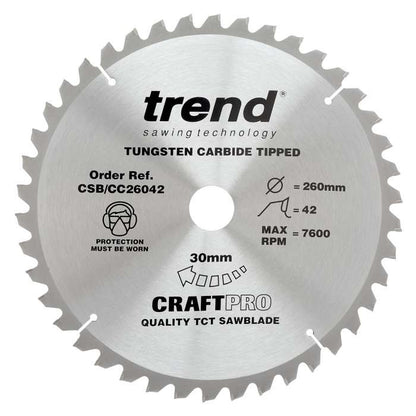 Trend Wood Mitre Craft Crosscut Saw Blade 260mm x 30mm x 42T CSB/CC26042