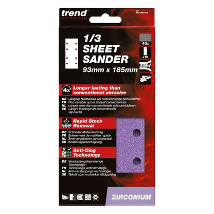 Trend Zirconium 1/3 Sheet Sanding Sheet 10 pc 93mm x 185mm 40 grit AB/THD/40Z