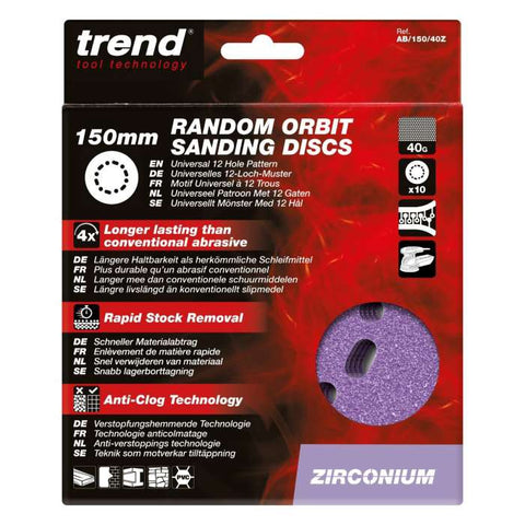 Trend Zirconium Random Orbital Sanding Disc 10pc 150mm 40 grit AB/150/40Z