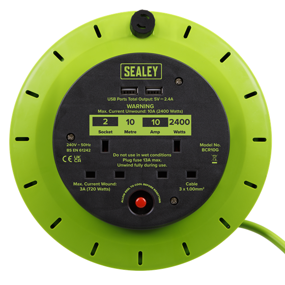 Sealey BCR10G 10m Cassette Type Cable Reel Green with Thermal Trip 2 x 230V and 2 x USB