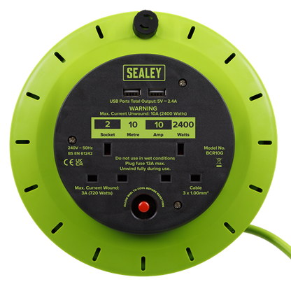 Sealey BCR10G 10m Cassette Type Cable Reel Green with Thermal Trip 2 x 230V and 2 x USB