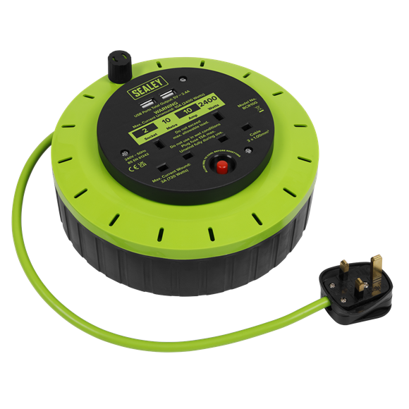 Sealey BCR10G 10m Cassette Type Cable Reel Green with Thermal Trip 2 x 230V and 2 x USB